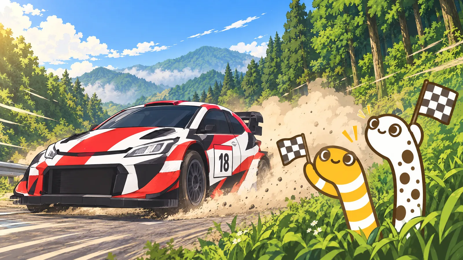 林道を走るトヨタのラリーカーと、沿道で旗を振って応援するちんあなご(イラスト)